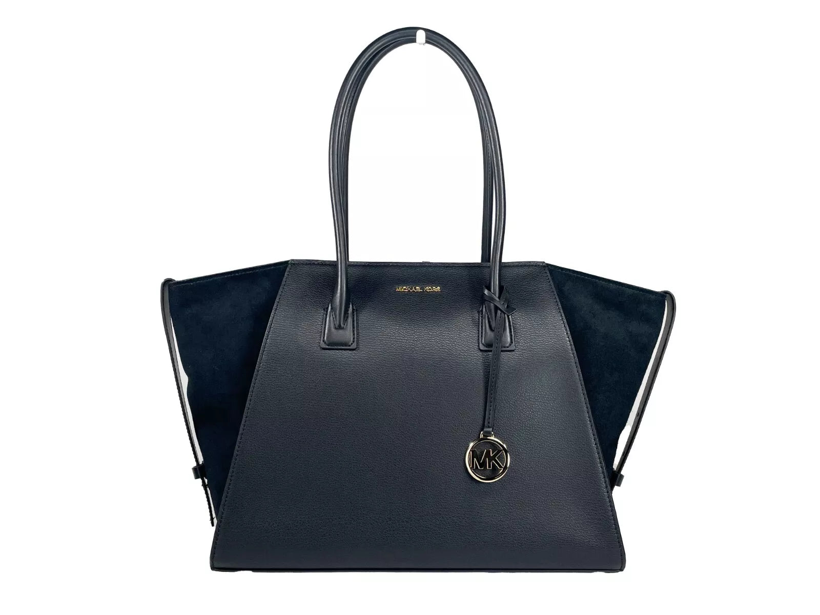 Luxour, Michael Kors Avril XL Suede Leather Top Zip Satchel Bag Black, 