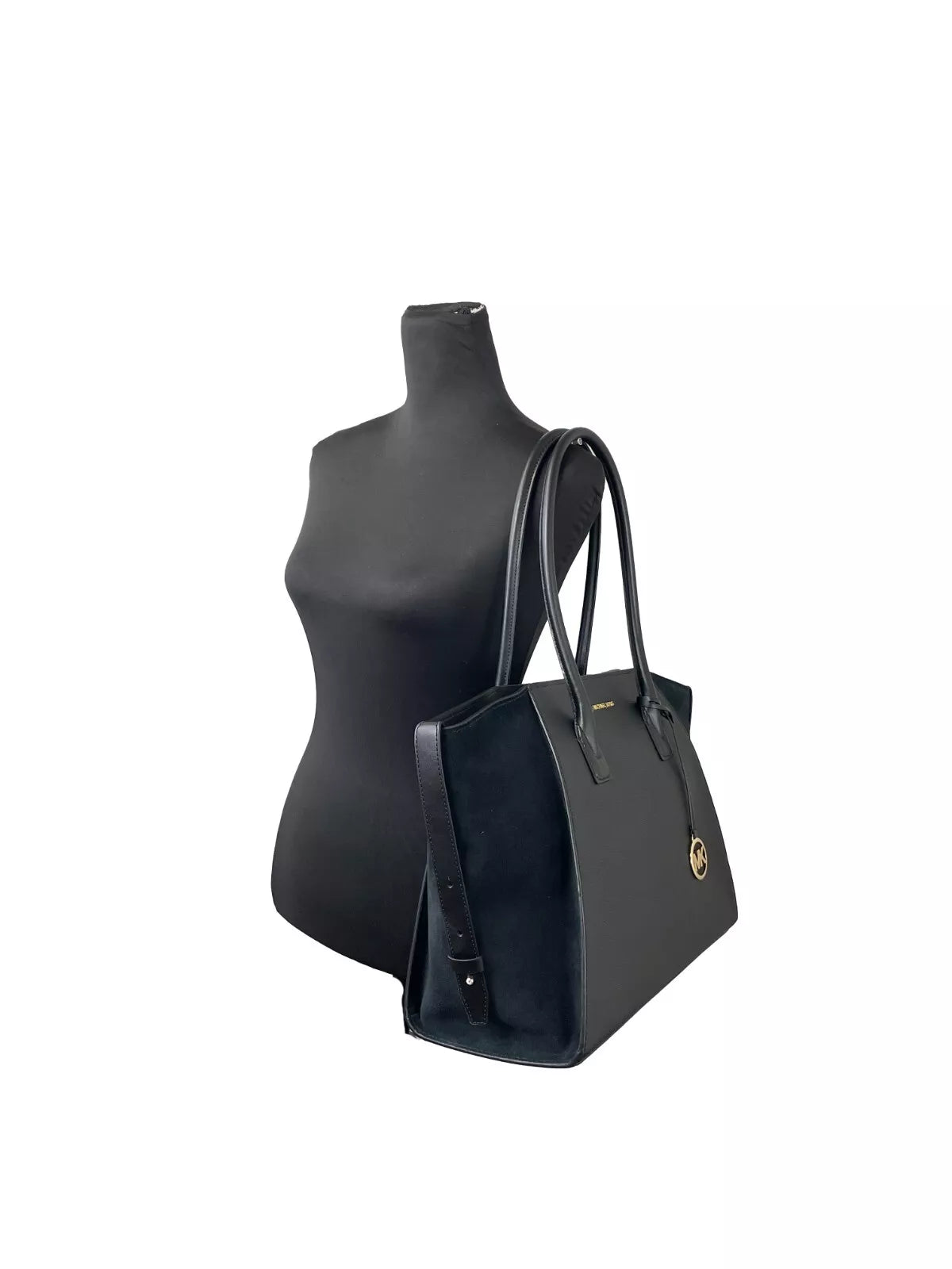 Luxour, Michael Kors Avril XL Suede Leather Top Zip Satchel Bag Black, 