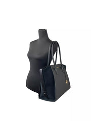 Luxour, Michael Kors Avril XL Suede Leather Top Zip Satchel Bag Black, 
