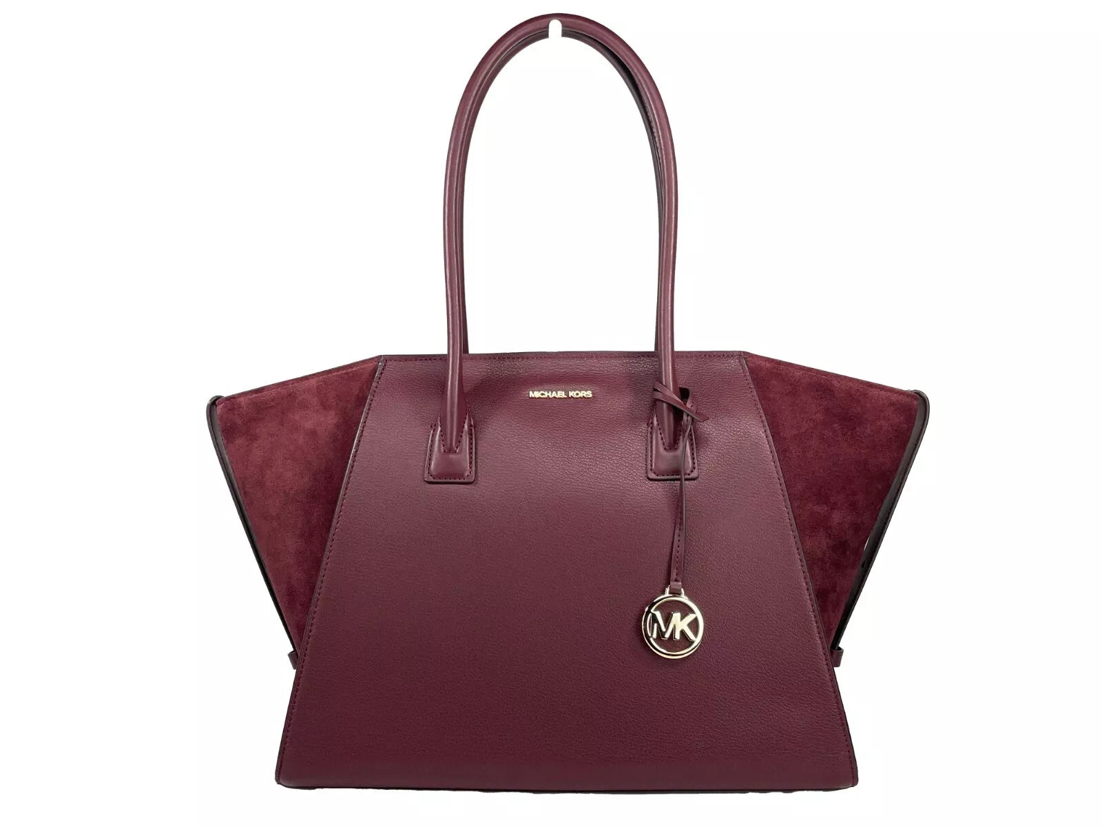 Luxour, Michael Kors Avril XL Suede Leather Top Zip Satchel Bag Oxblood Red, 