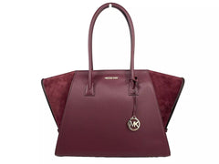 Luxour, Michael Kors Avril XL Suede Leather Top Zip Satchel Bag Oxblood Red, 