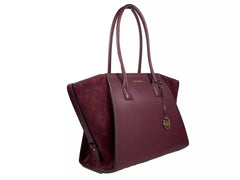 Luxour, Michael Kors Avril XL Suede Leather Top Zip Satchel Bag Oxblood Red, 