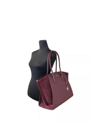 Luxour, Michael Kors Avril XL Suede Leather Top Zip Satchel Bag Oxblood Red, 