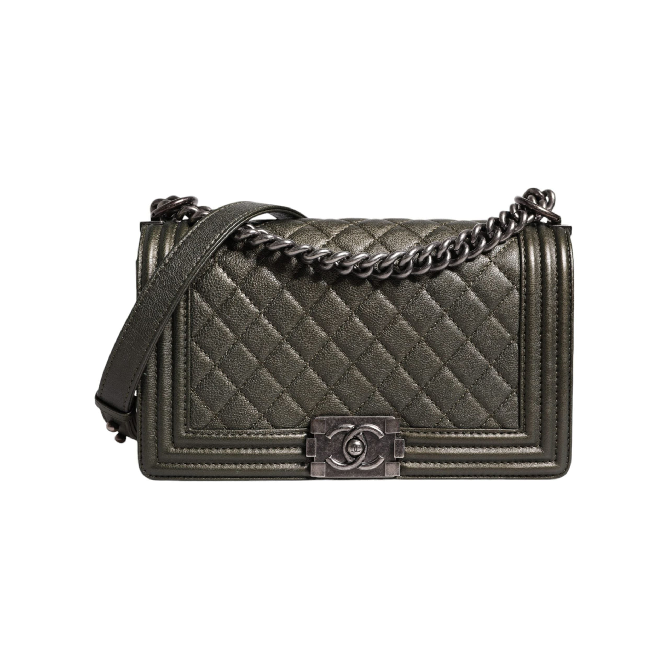 Luxour, Chanel Dark Green Leather Shoulder Bag Gray Metal Purse Bag, 