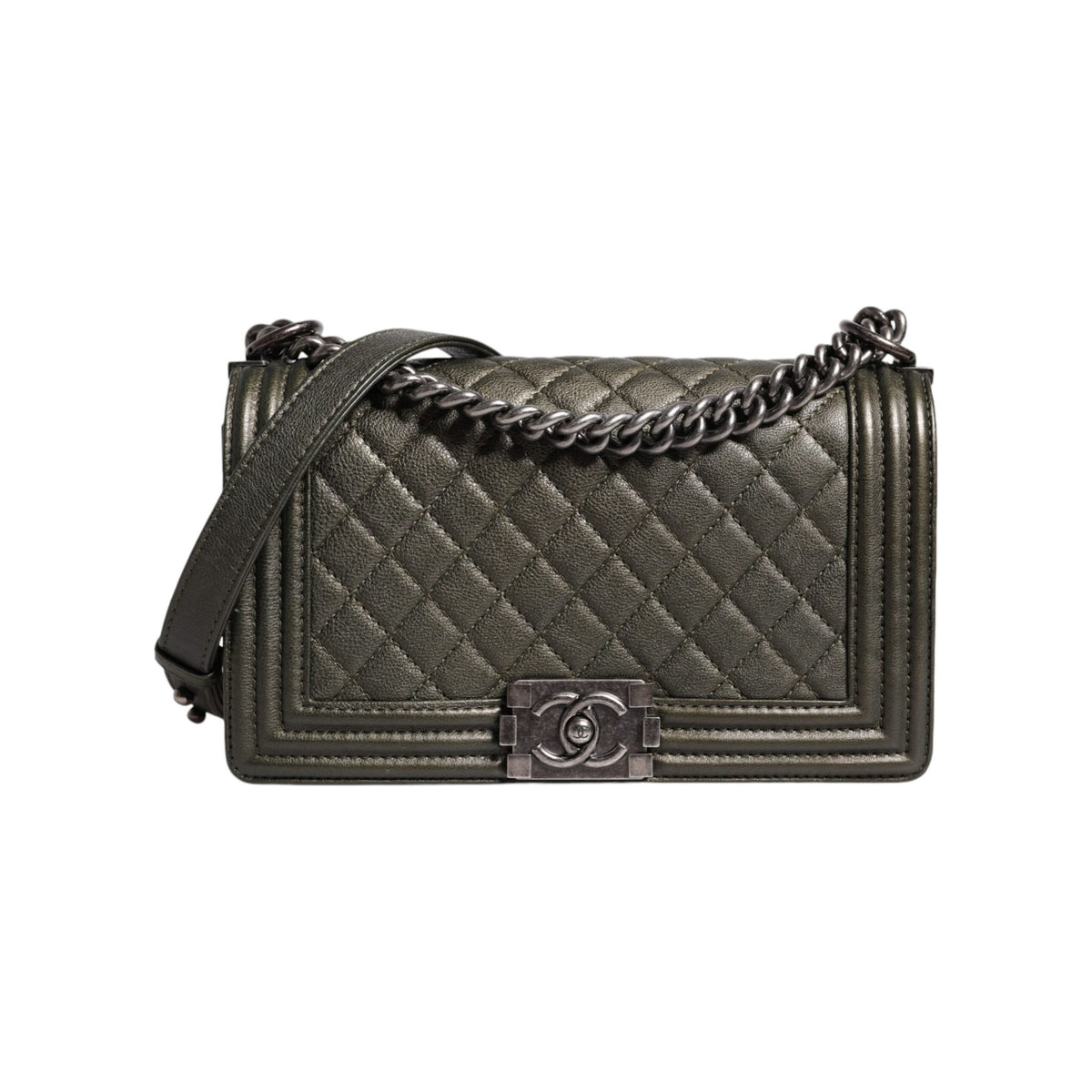 Luxour, Chanel Dark Green Leather Shoulder Bag Gray Metal Purse Bag, 