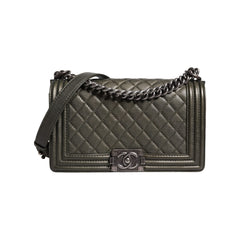 Luxour, Chanel Dark Green Leather Shoulder Bag Gray Metal Purse Bag, 