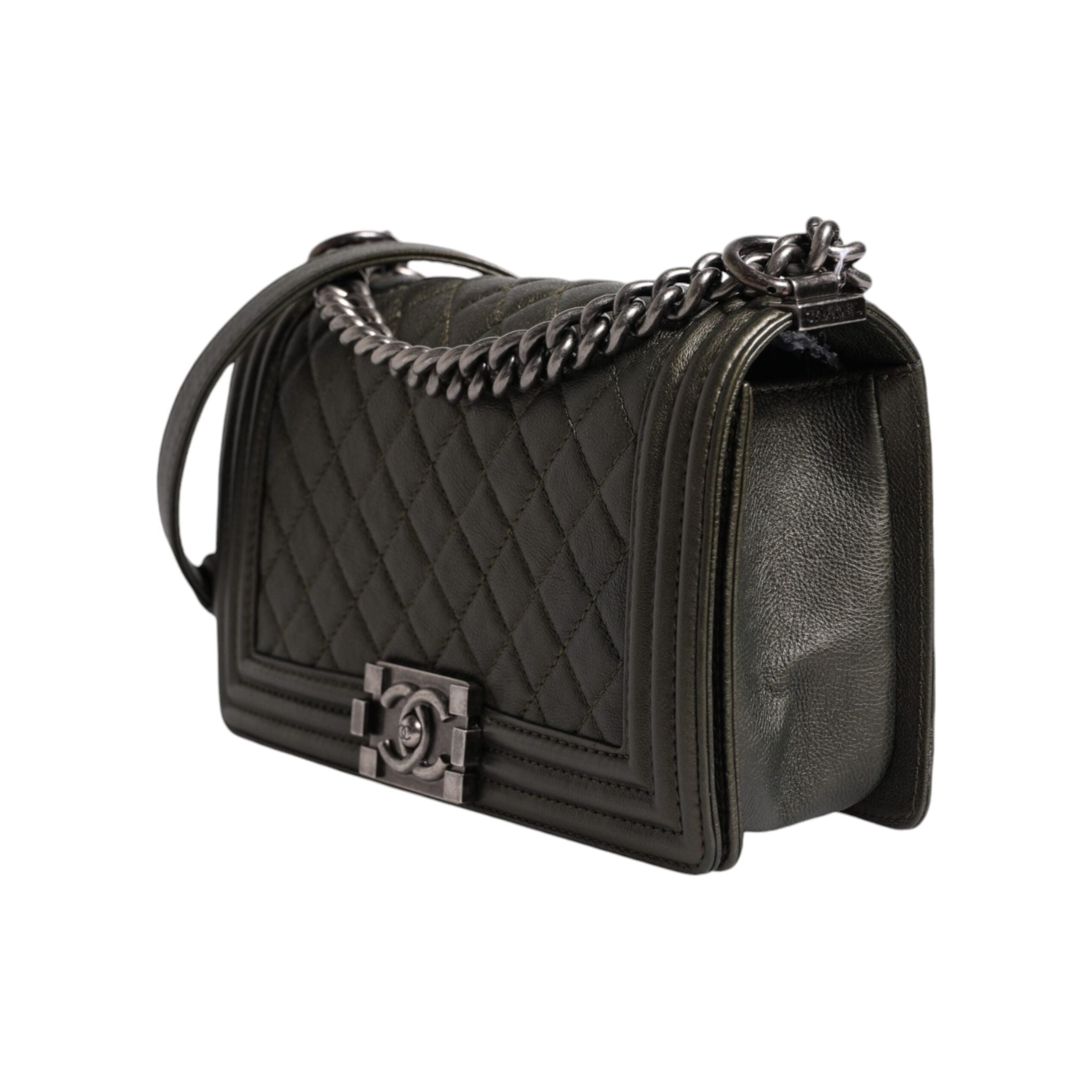 Luxour, Chanel Dark Green Leather Shoulder Bag Gray Metal Purse Bag, 