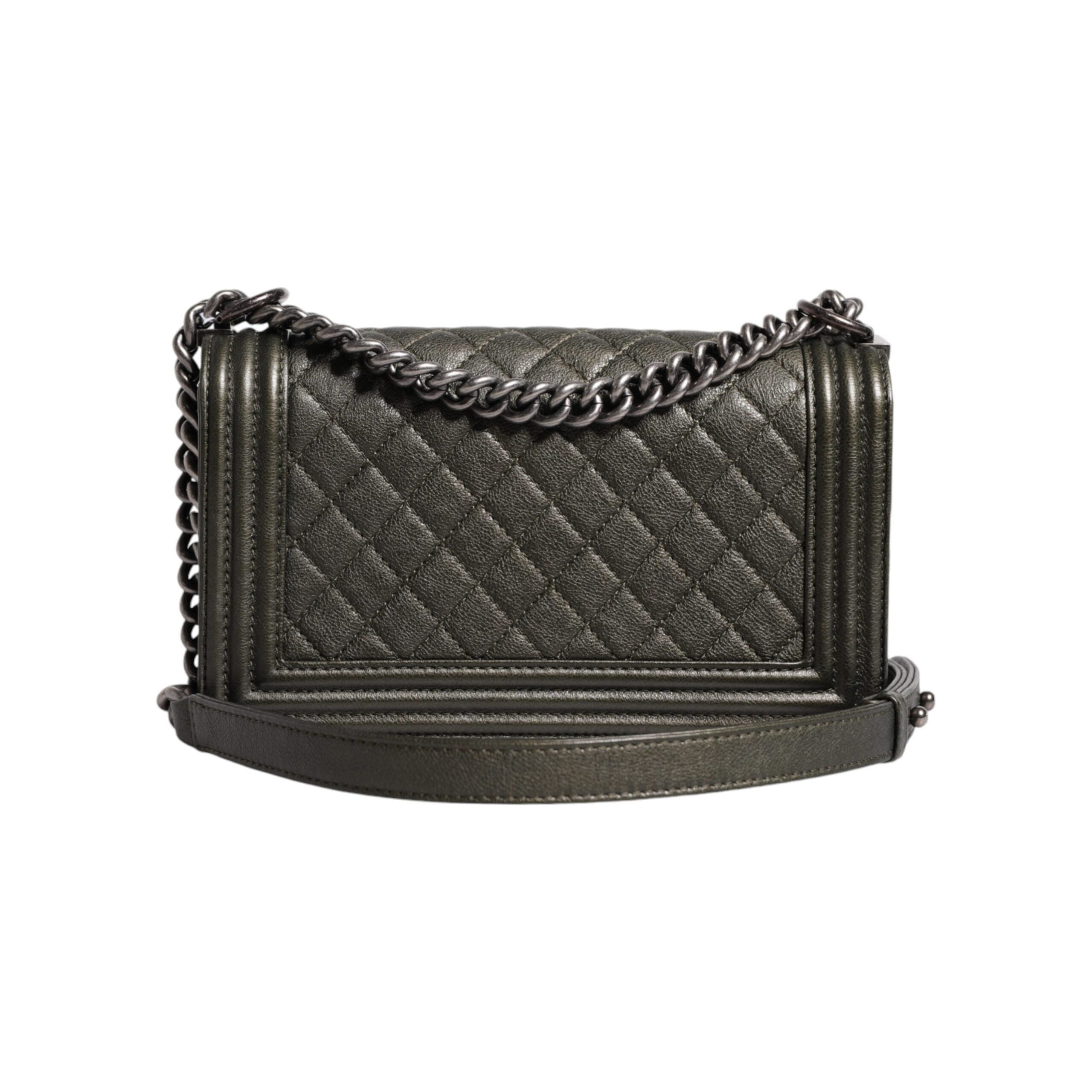 Luxour, Chanel Dark Green Leather Shoulder Bag Gray Metal Purse Bag, 