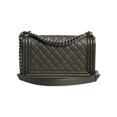 Luxour, Chanel Dark Green Leather Shoulder Bag Gray Metal Purse Bag, 