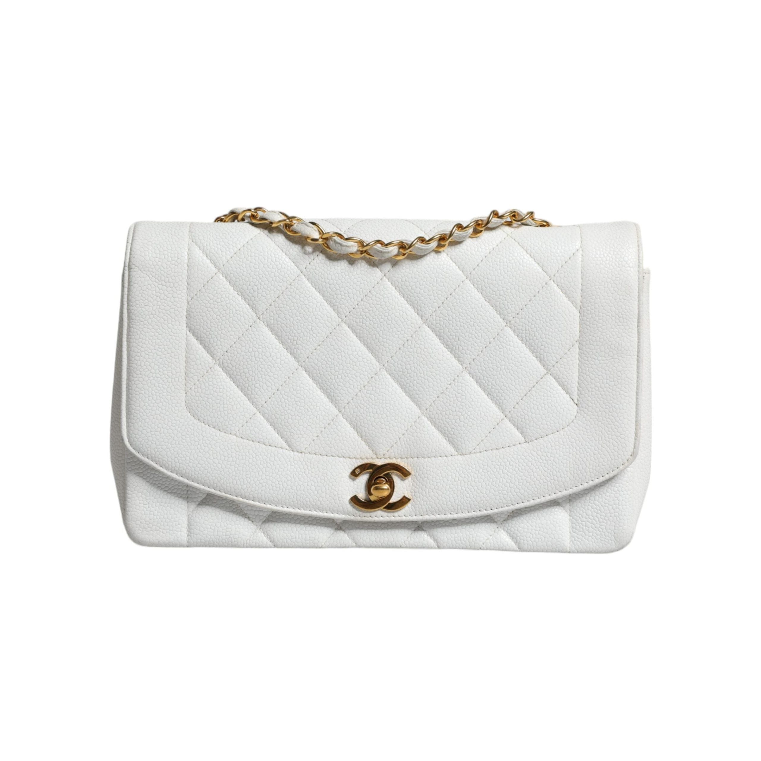 Luxour, Chanel White Medium Classic DIANA Shoulder Bag Gold Plated Purse, 