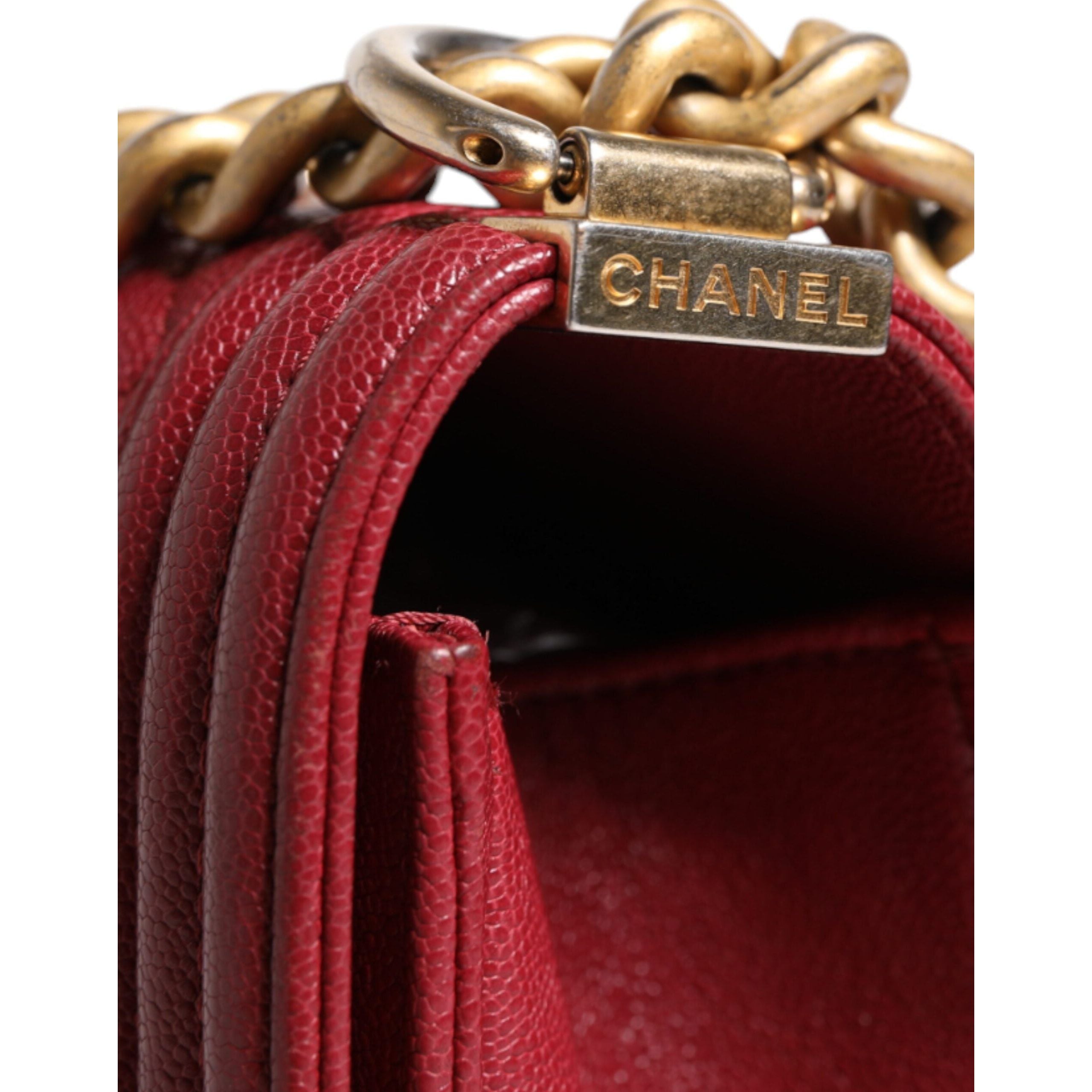 Luxour, Chanel Red Leather Lambskin Double Gold Chain Medium Shoulder Bag, 
