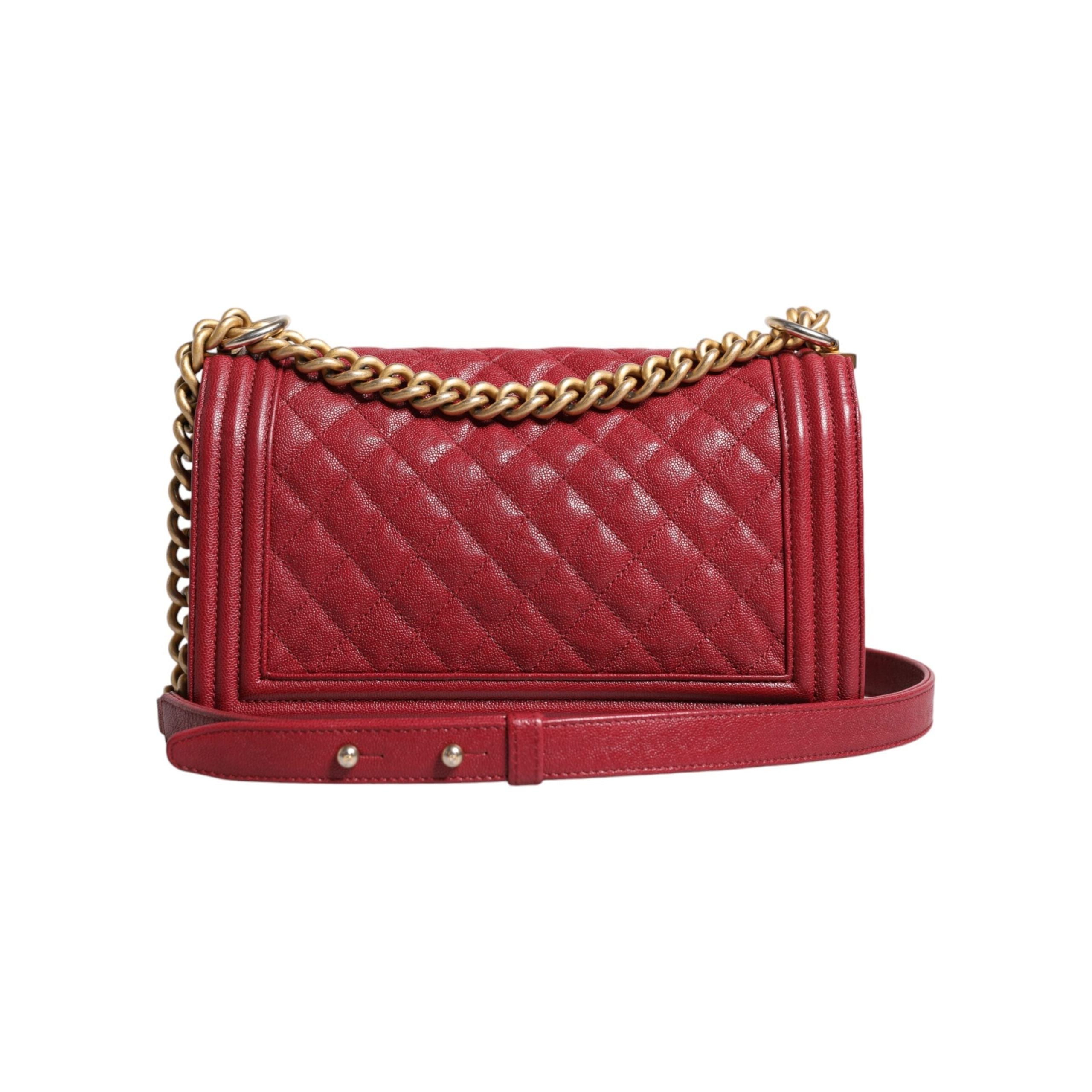 Luxour, Chanel Red Leather Lambskin Double Gold Chain Medium Shoulder Bag, 