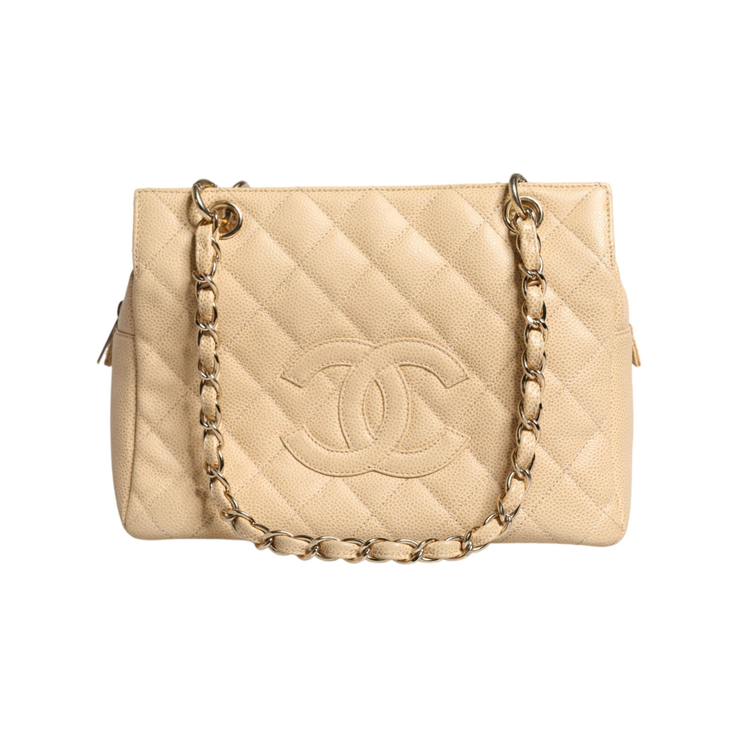 Luxour, Chanel Beige Caviar De Coco Chain Leather Purse Bag, 