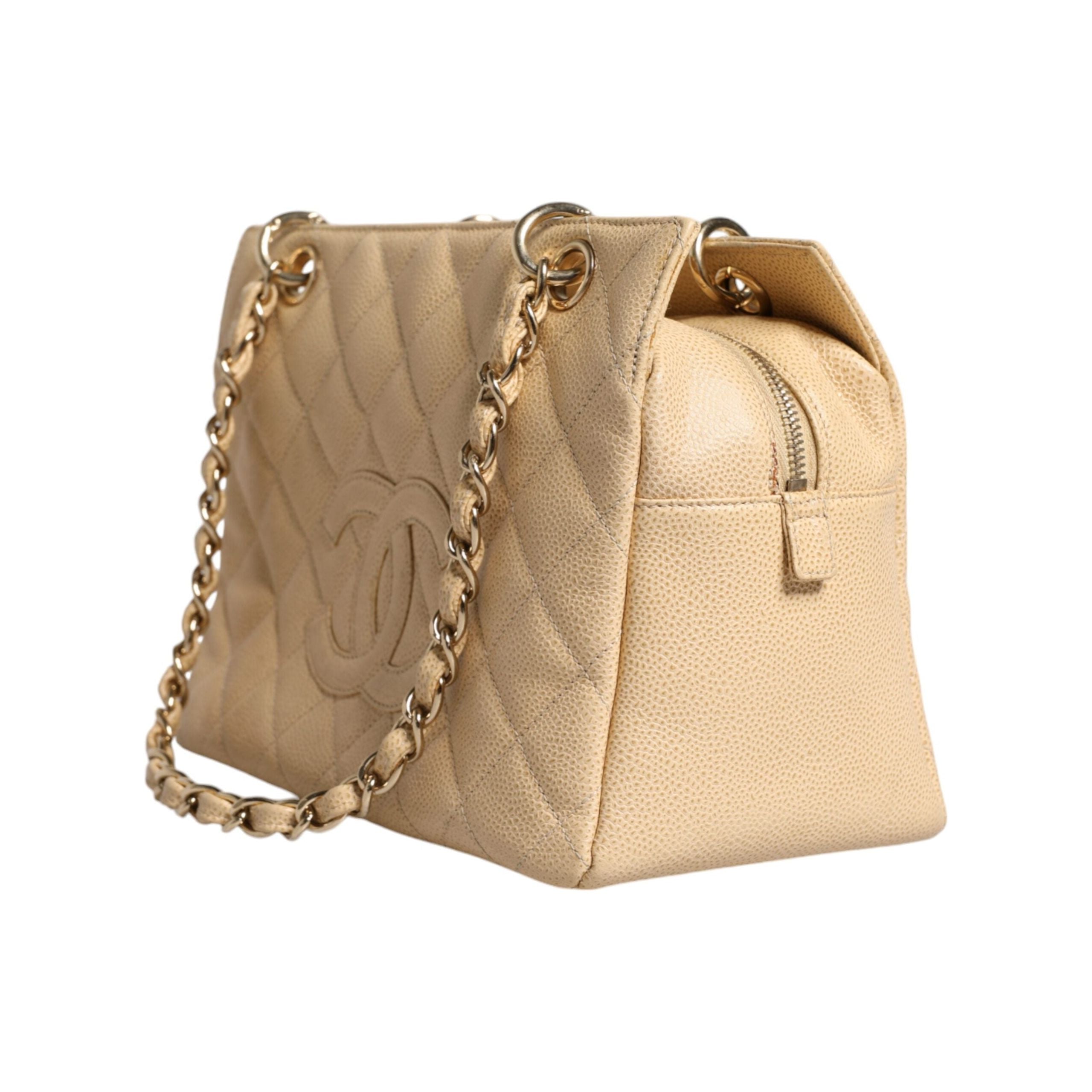 Luxour, Chanel Beige Caviar De Coco Chain Leather Purse Bag, 