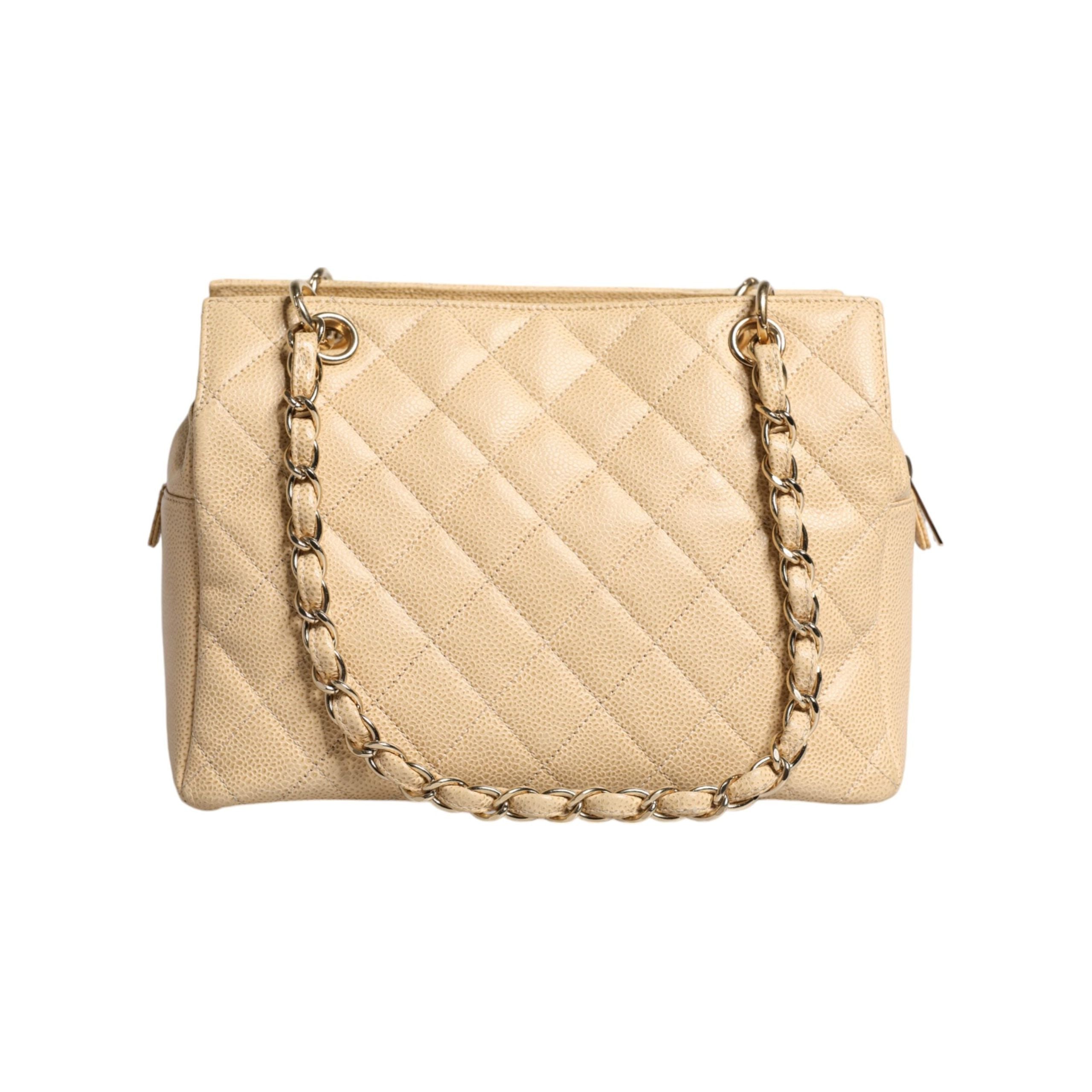 Luxour, Chanel Beige Caviar De Coco Chain Leather Purse Bag, 