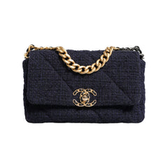 Luxour, Chanel Dark Blue Medium Flap Tweed CC Gold Gray Chain Shoulder Bag, 