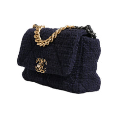 Luxour, Chanel Dark Blue Medium Flap Tweed CC Gold Gray Chain Shoulder Bag, 