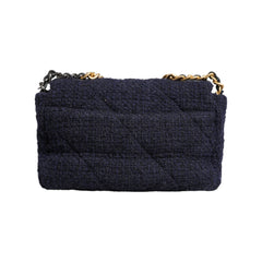 Luxour, Chanel Dark Blue Medium Flap Tweed CC Gold Gray Chain Shoulder Bag, 