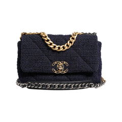 Luxour, Chanel Dark Blue Medium Flap Tweed CC Gold Gray Chain Shoulder Bag, 