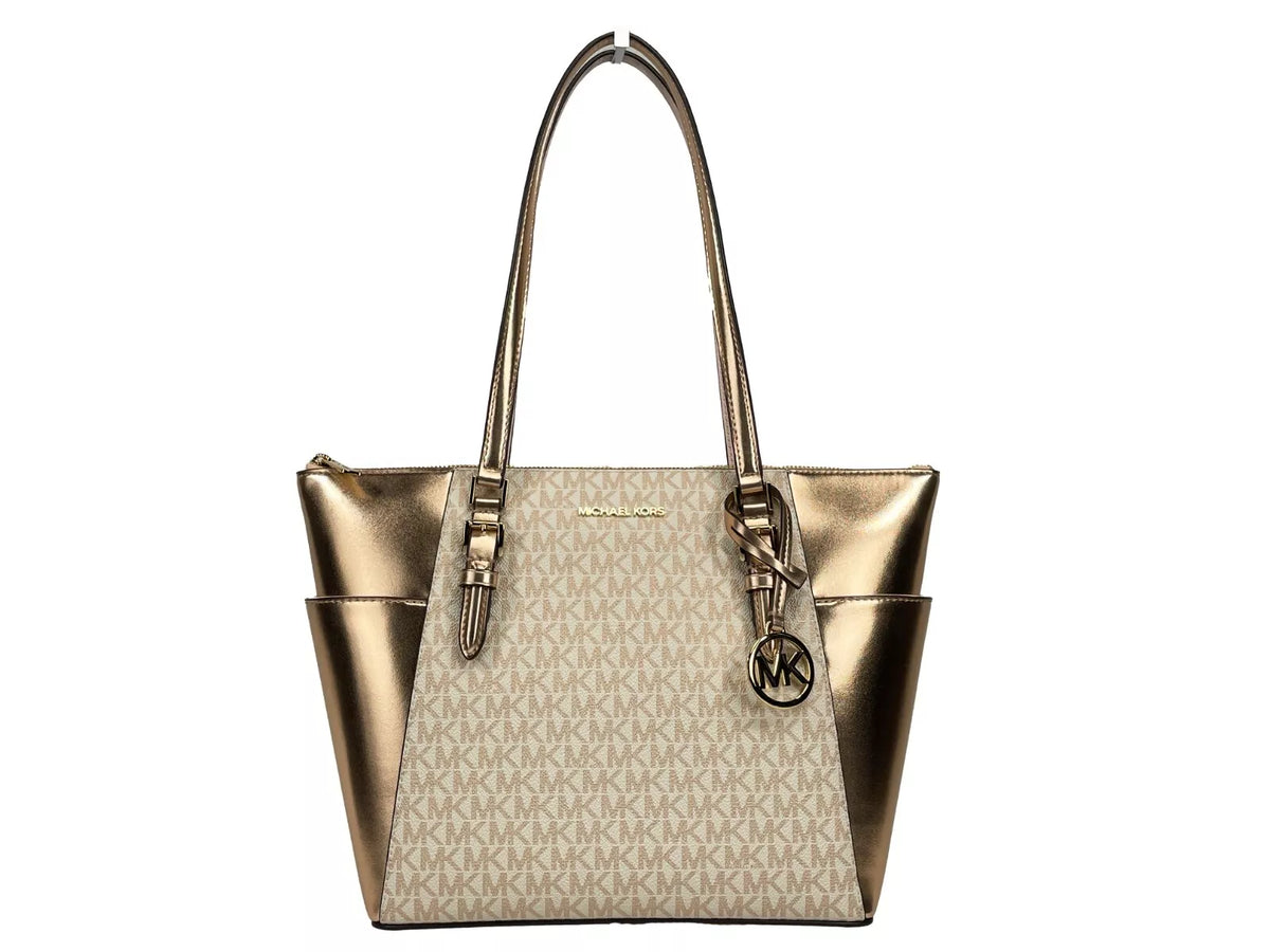 Luxour, Michael Kors Charlotte Large Leather Top Zip Tote Bag Purse Rose Gold, 