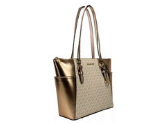 Luxour, Michael Kors Charlotte Large Leather Top Zip Tote Bag Purse Rose Gold, 