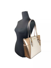 Luxour, Michael Kors Charlotte Large Leather Top Zip Tote Bag Purse Rose Gold, 