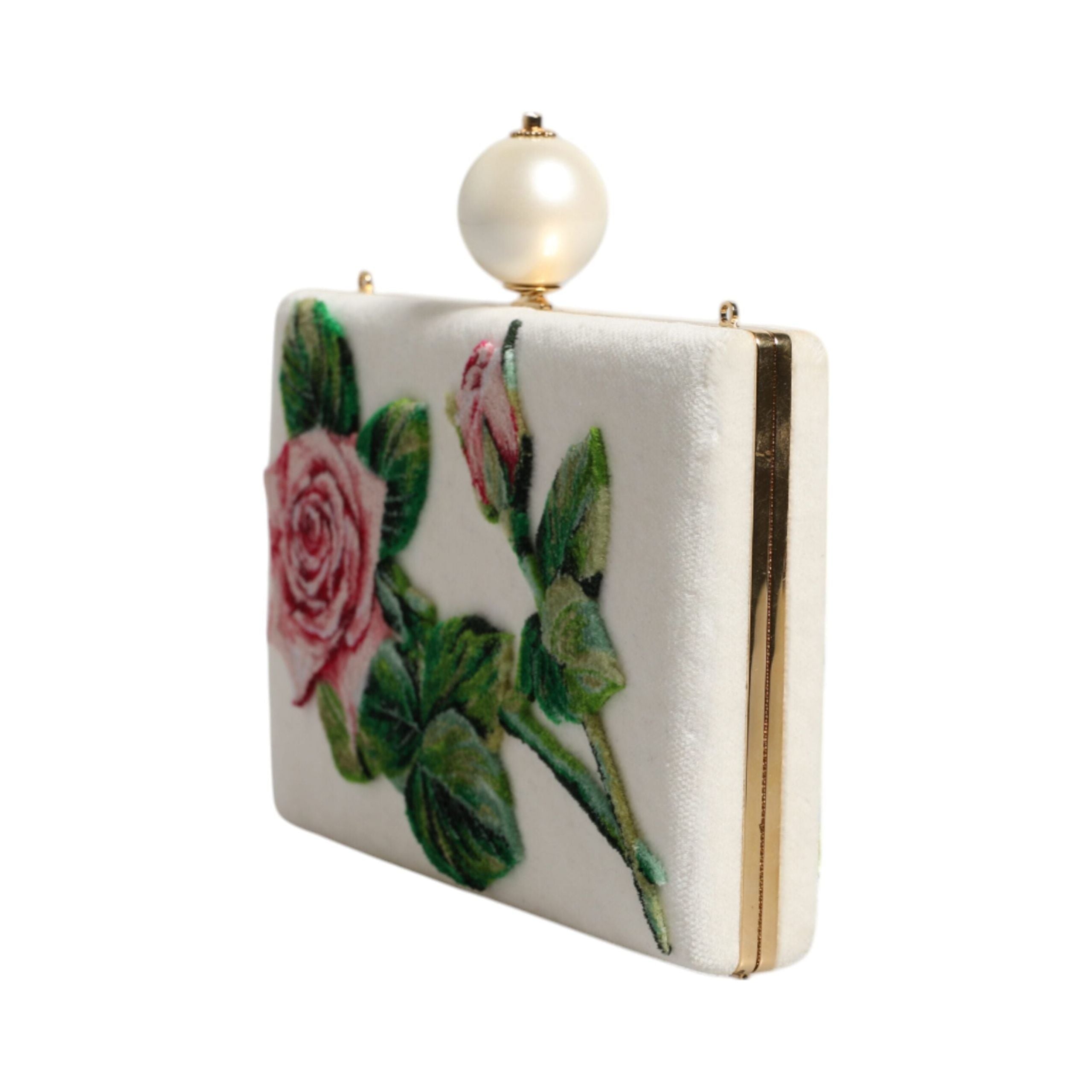 Luxour, Dolce & Gabbana White Rose Floral Faux Pearl Microbag Crossbody Bag, 