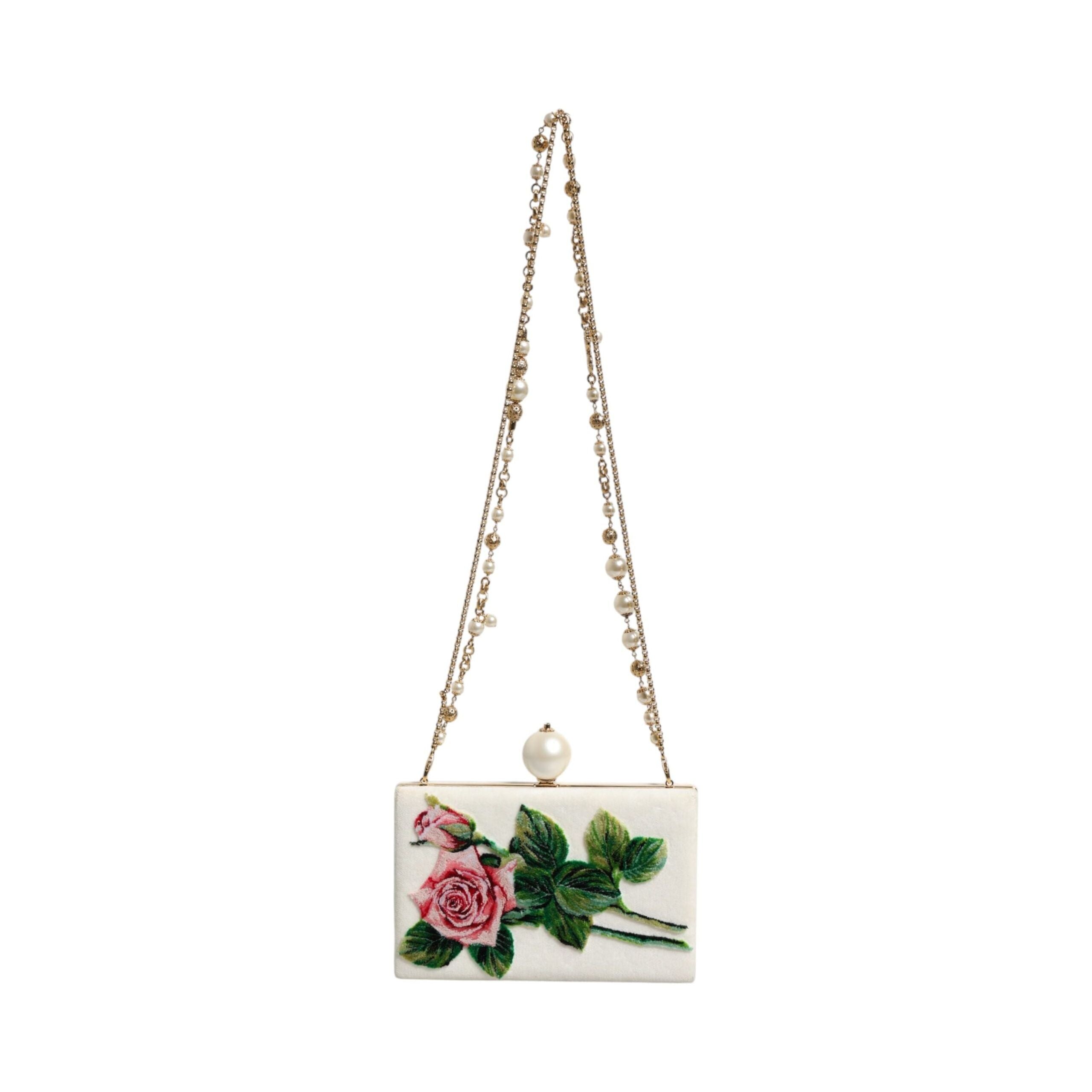 Luxour, Dolce & Gabbana White Rose Floral Faux Pearl Microbag Crossbody Bag, 