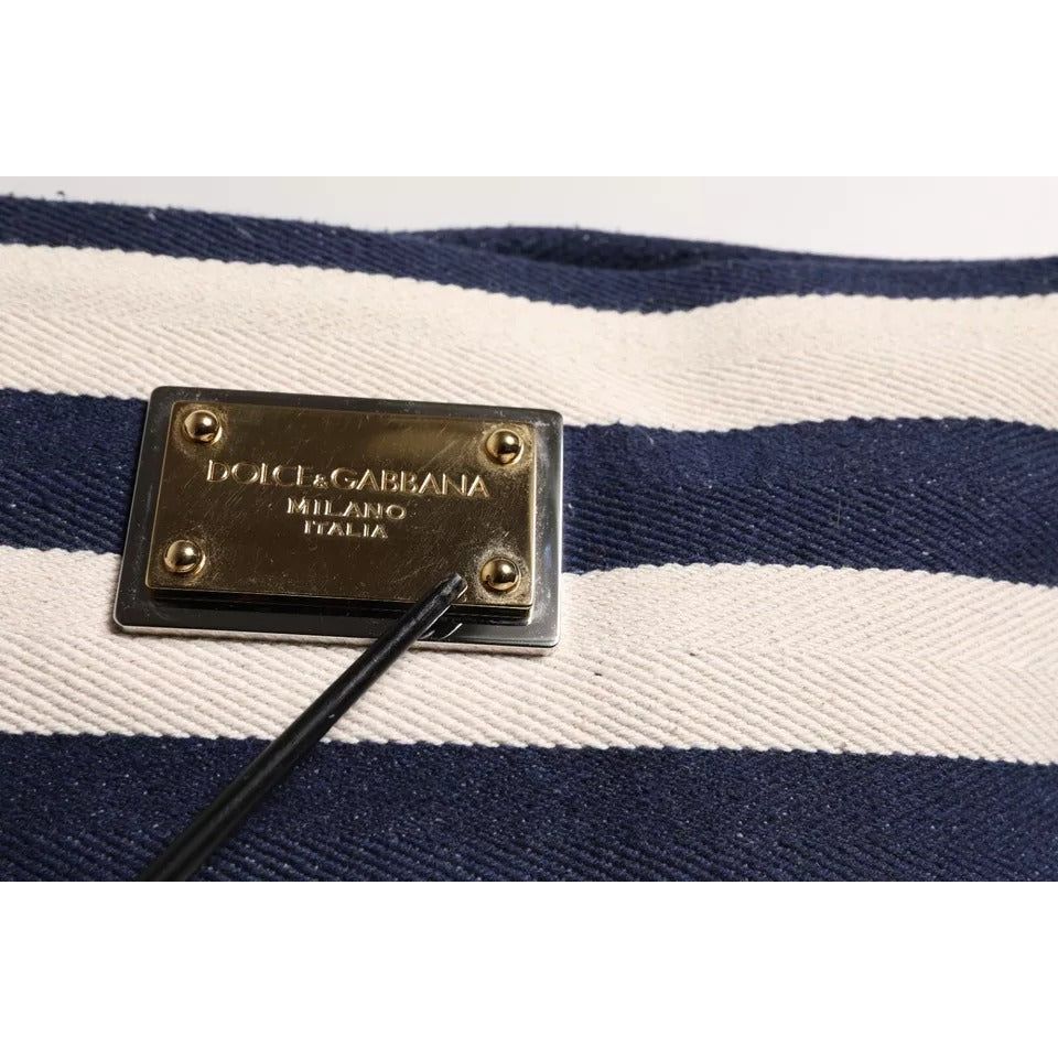 Luxour, Dolce & Gabbana Blue White Stripes Logo Plaque Tote Bag, 