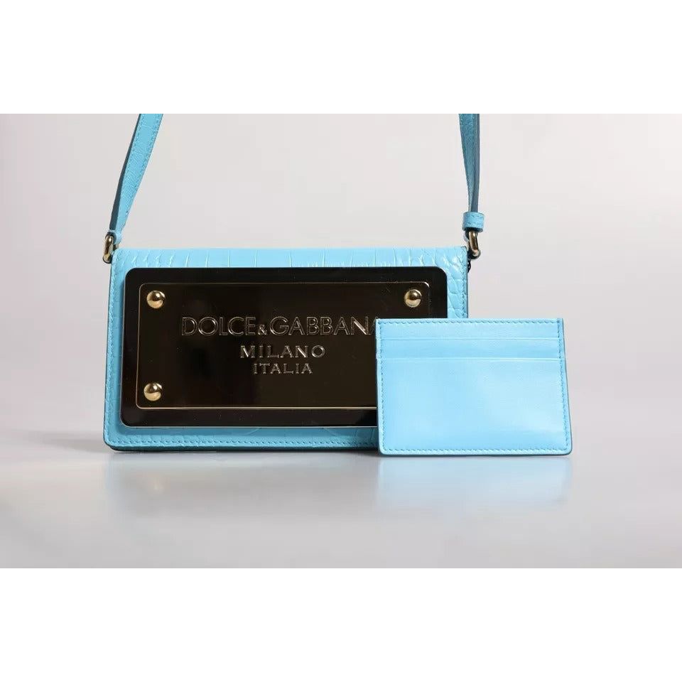 Luxour, Dolce & Gabbana Blue Branded Maxi Plate Leather Crossbody Phone Bag, 