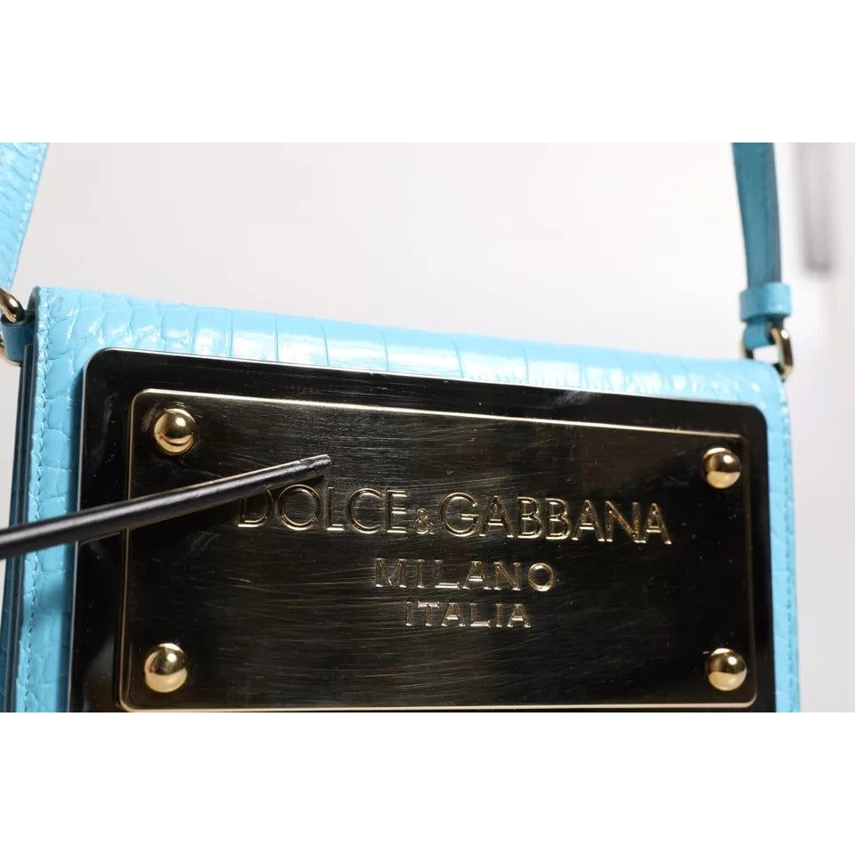 Luxour, Dolce & Gabbana Blue Branded Maxi Plate Leather Crossbody Phone Bag, 