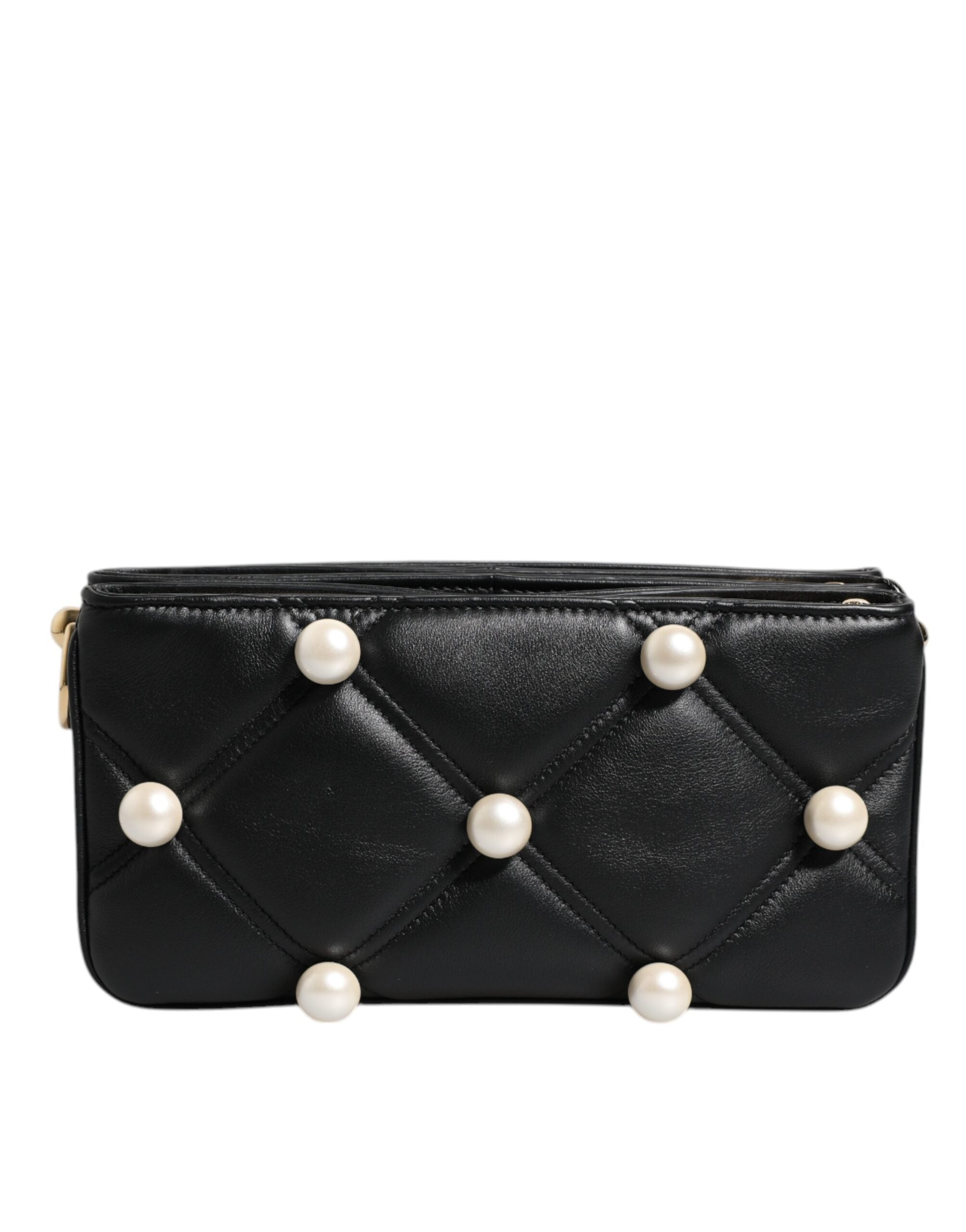 Luxour, Dolce & Gabbana Black Leather Pearl Embellished Logo Shoulder Bag, 