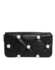 Luxour, Dolce & Gabbana Black Leather Pearl Embellished Logo Shoulder Bag, 