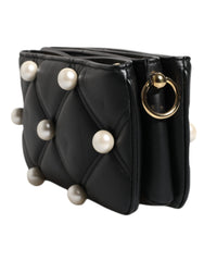 Luxour, Dolce & Gabbana Black Leather Pearl Embellished Logo Shoulder Bag, 
