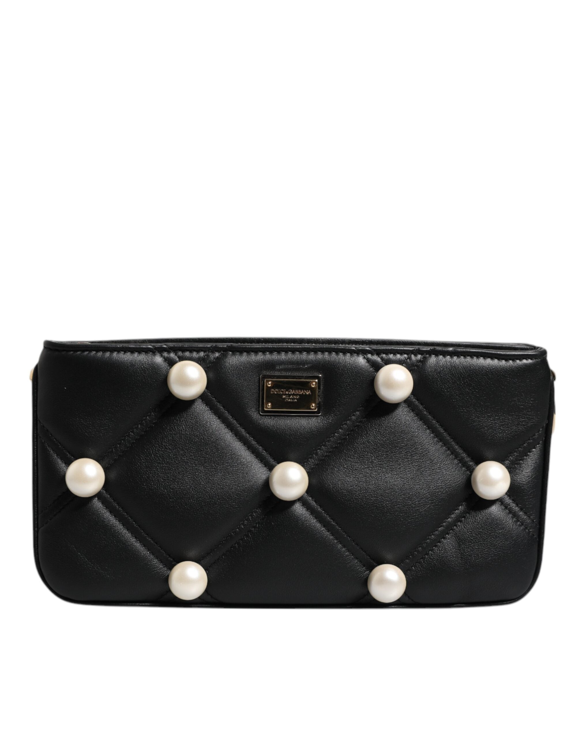 Luxour, Dolce & Gabbana Black Leather Pearl Embellished Logo Shoulder Bag, 