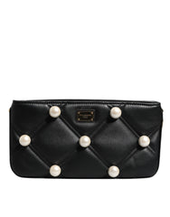 Luxour, Dolce & Gabbana Black Leather Pearl Embellished Logo Shoulder Bag, 