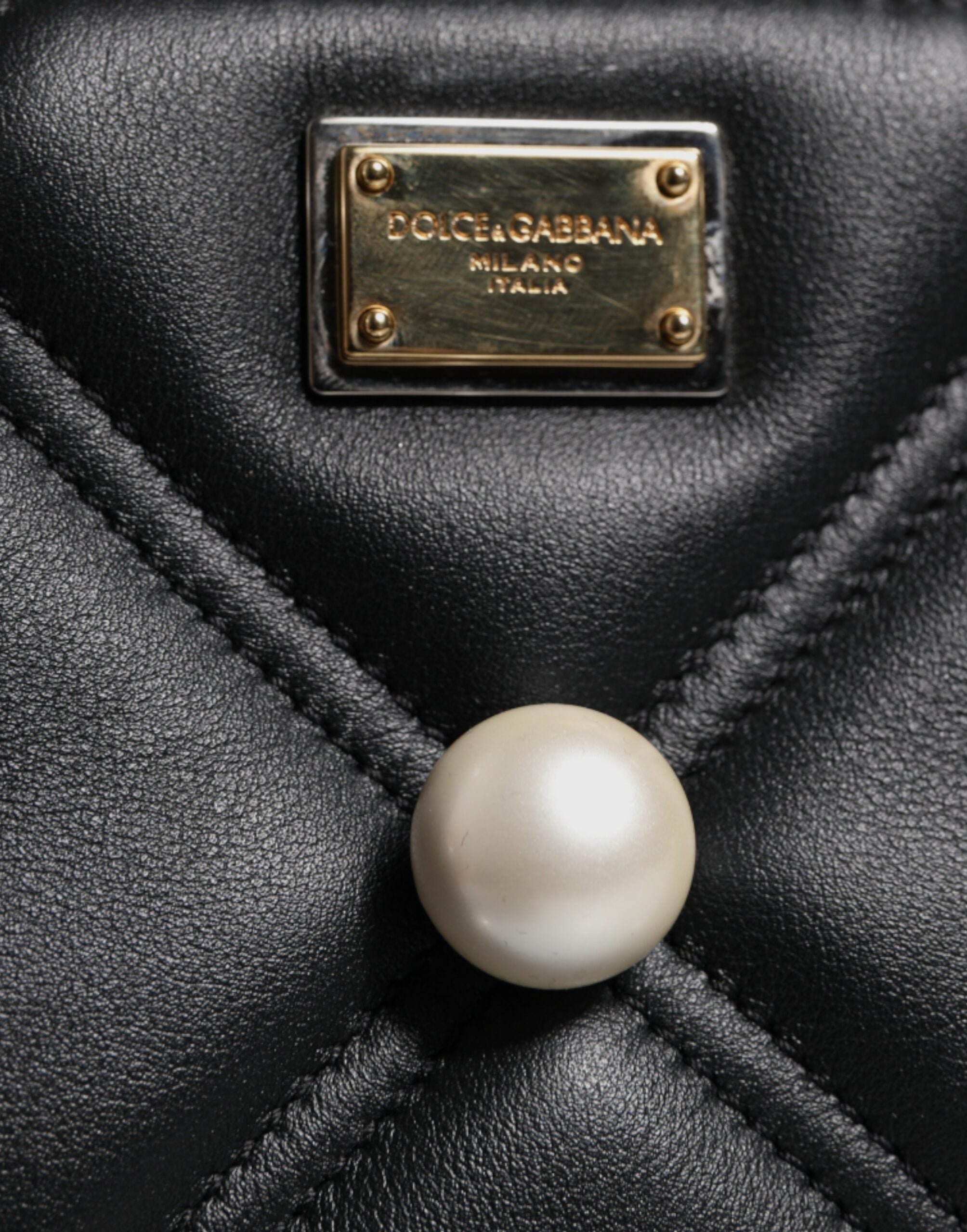 Luxour, Dolce & Gabbana Black Leather Pearl Embellished Logo Shoulder Bag, 