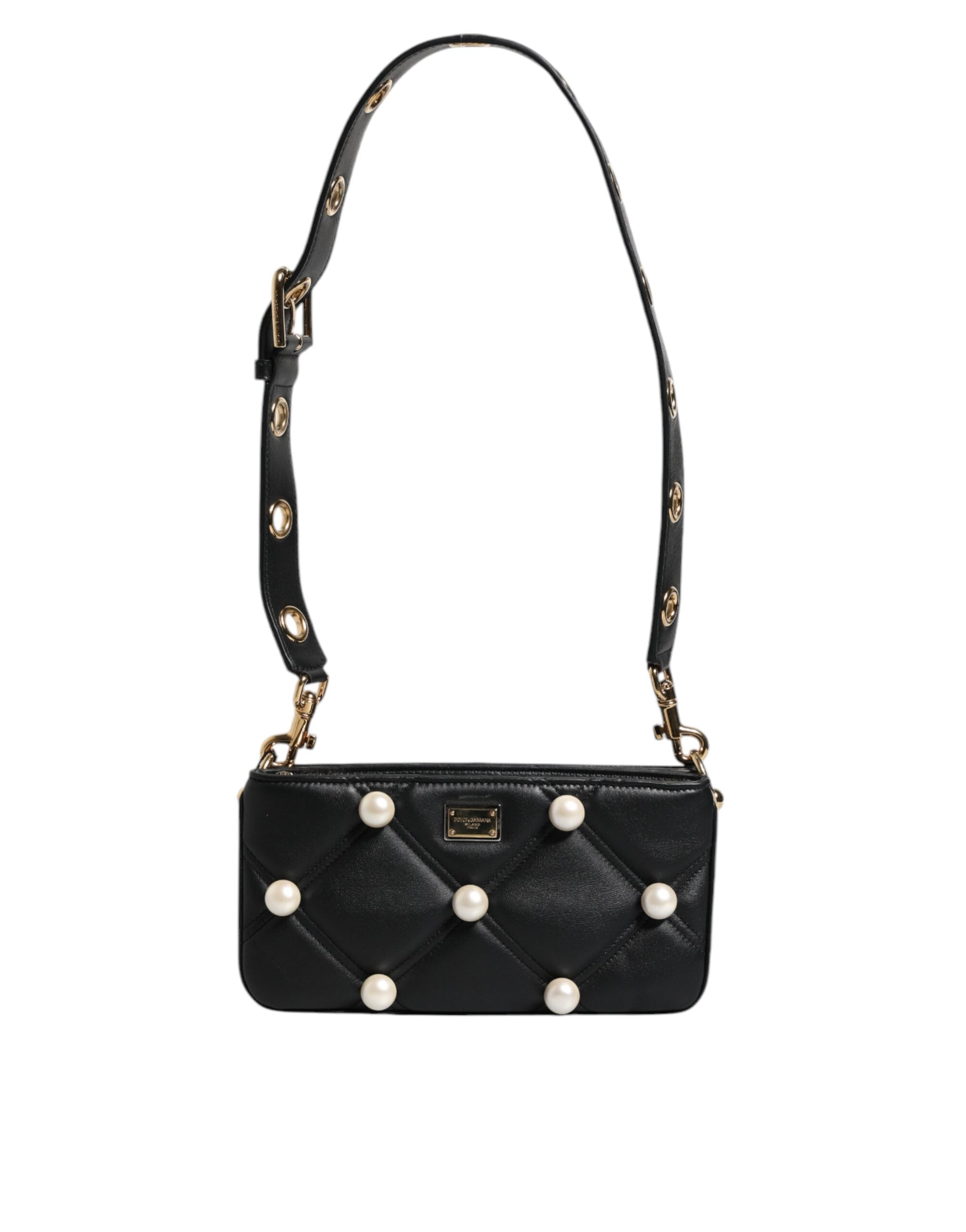 Luxour, Dolce & Gabbana Black Leather Pearl Embellished Logo Shoulder Bag, 