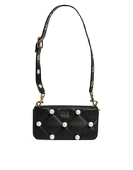 Luxour, Dolce & Gabbana Black Leather Pearl Embellished Logo Shoulder Bag, 