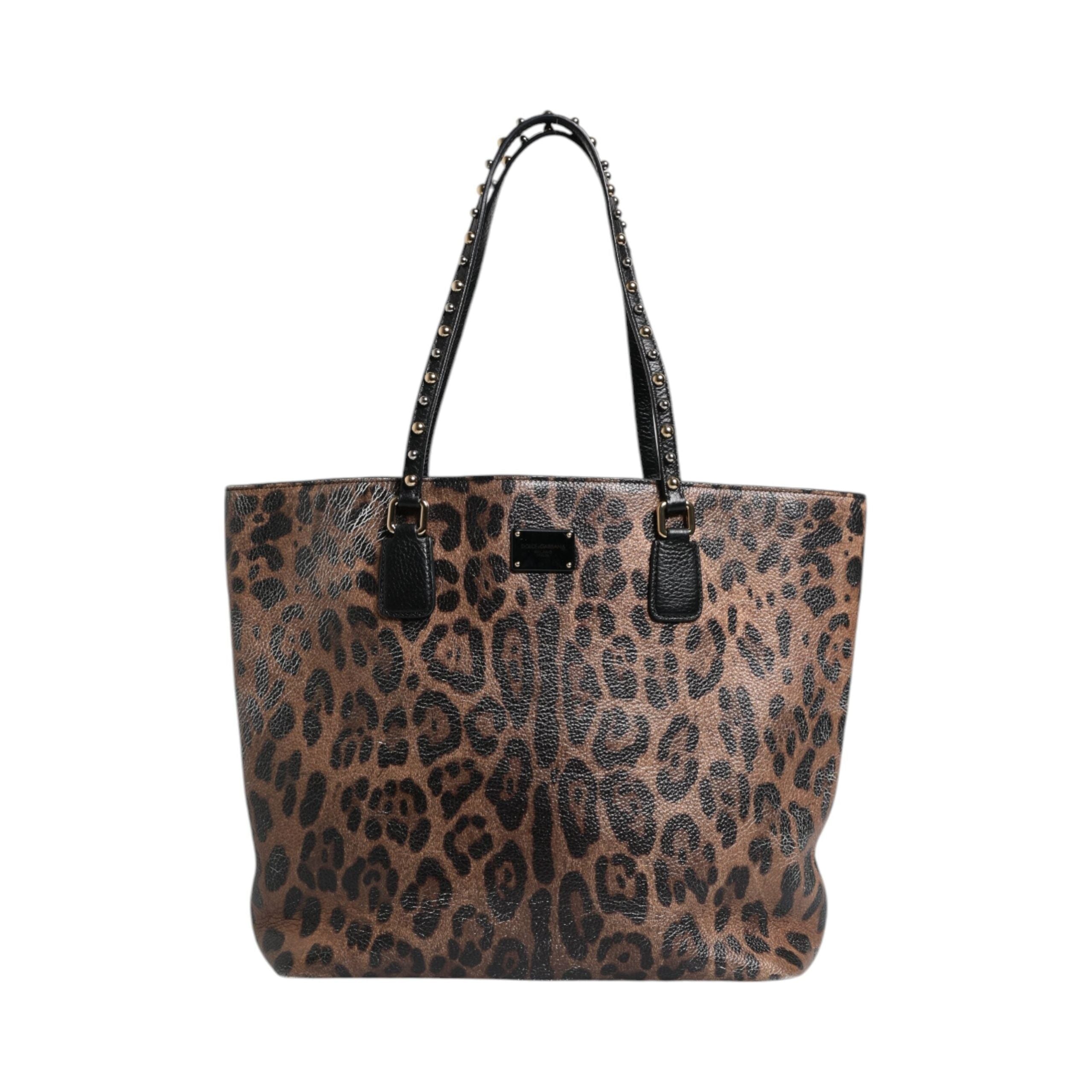 Luxour, Dolce & Gabbana Brown Black Calfskin Leopard Print Shoulder Tote Bag, 