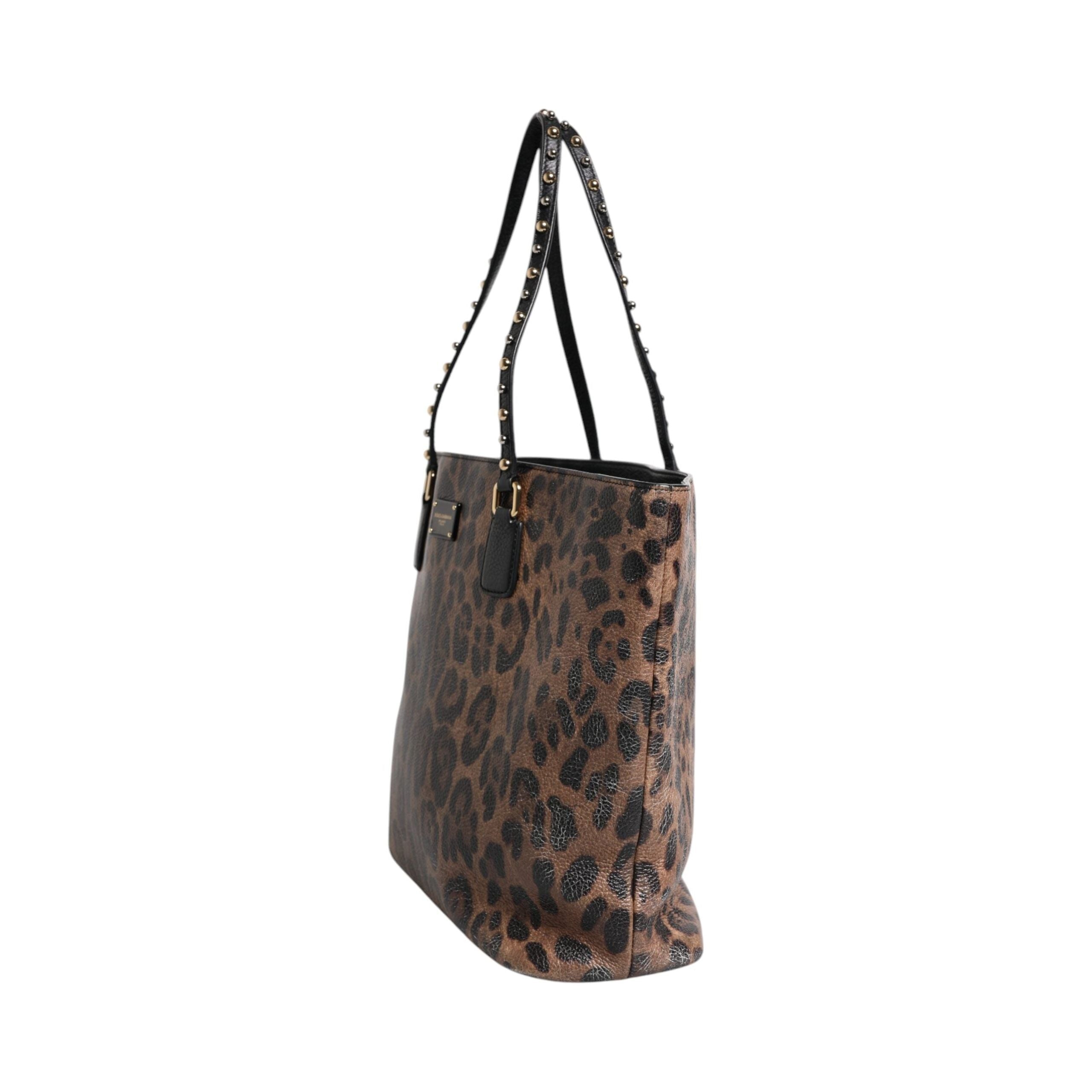 Luxour, Dolce & Gabbana Brown Black Calfskin Leopard Print Shoulder Tote Bag, 
