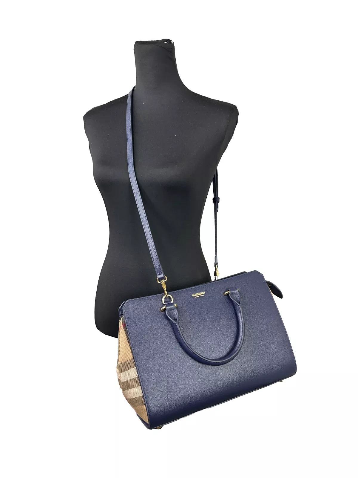 Luxour, Burberry Small Banwell Leather Tote Bag Purse Blue, 
