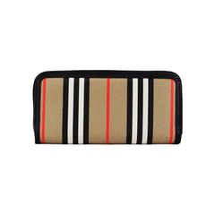 Luxour, Burberry Ellerby Black Leather Icon Stripe Canvas Zip Around Continental Wallet, 