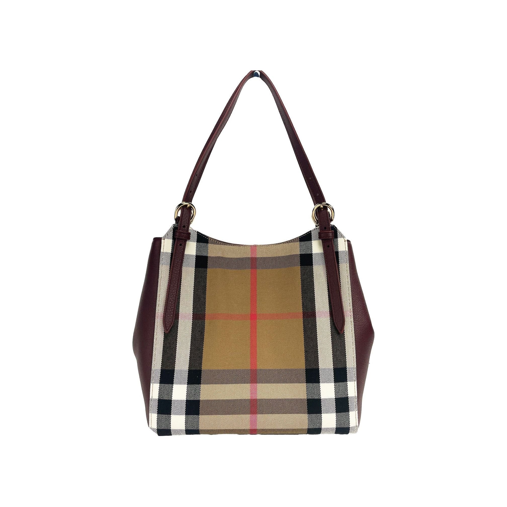 Luxour, Burberry Small Canterby Mahogany Leather Check Canvas Tote Bag Purse, 