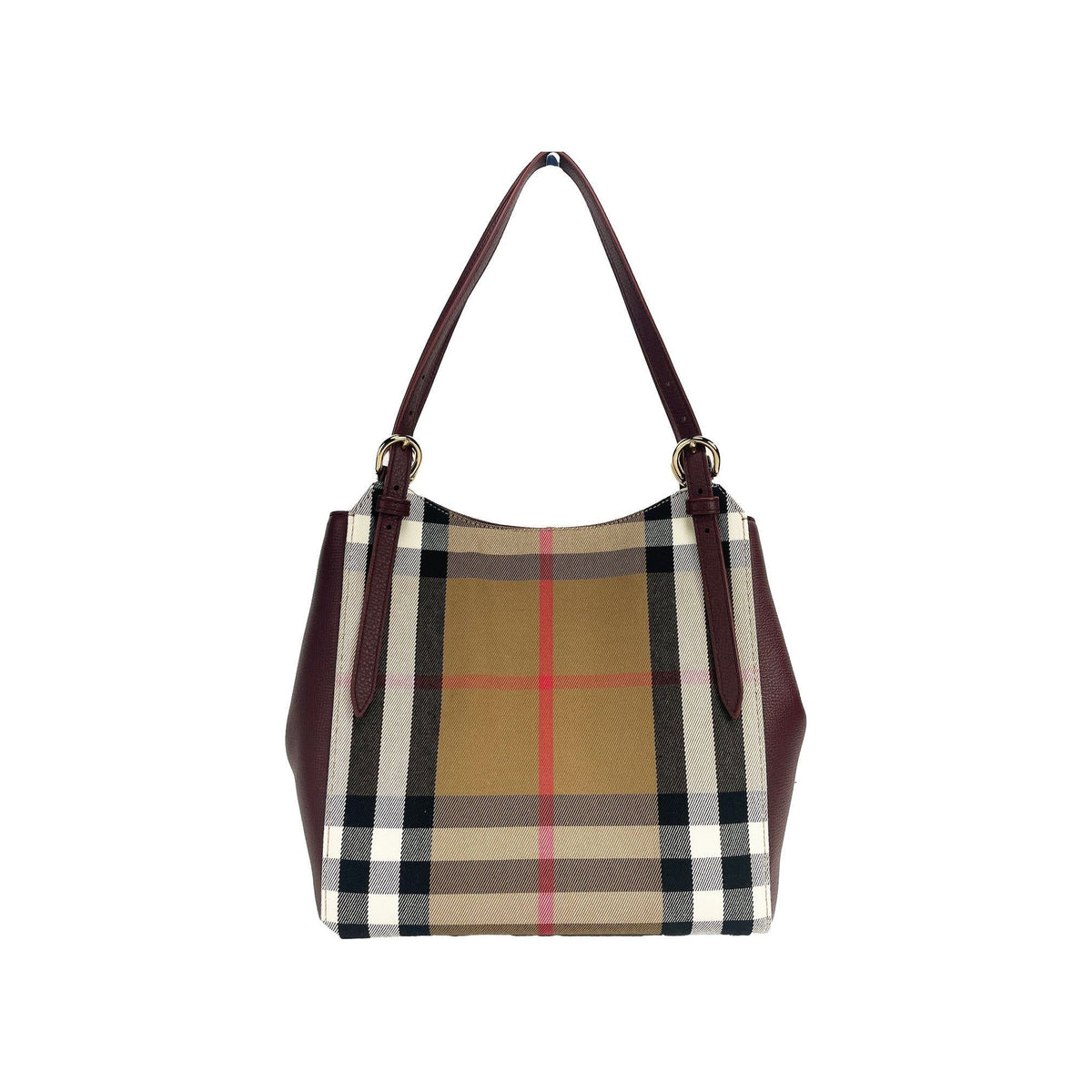 Luxour, Burberry Small Canterby Mahogany Leather Check Canvas Tote Bag Purse, 