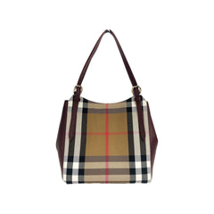 Luxour, Burberry Small Canterby Mahogany Leather Check Canvas Tote Bag Purse, 