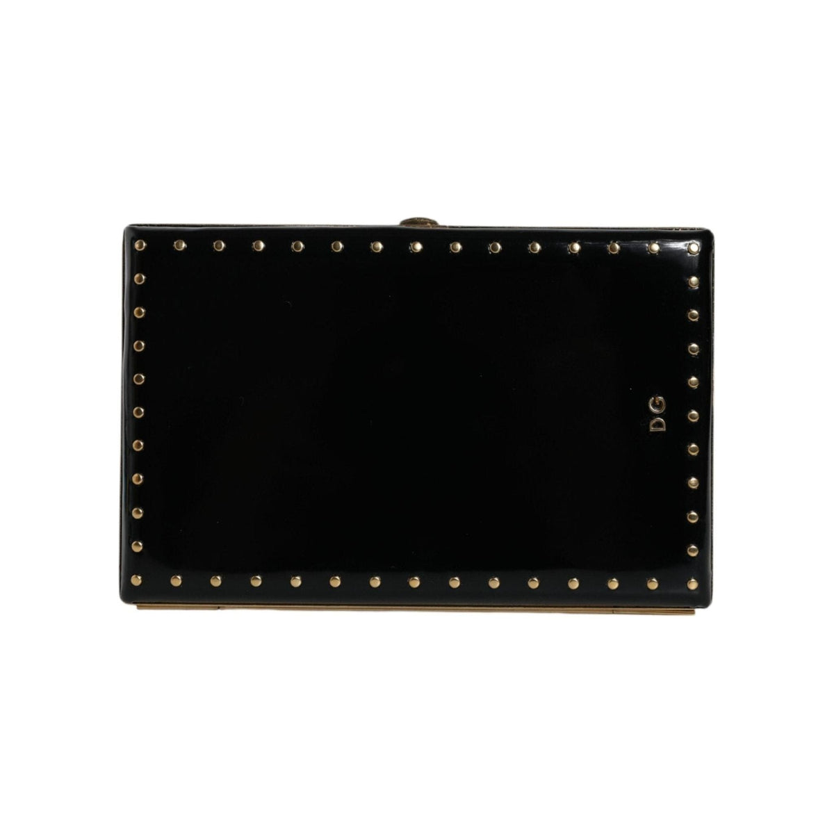 Luxour, Dolce & Gabbana Black Leather Studs Gold Frame Clutch Evening Purse Bag, 