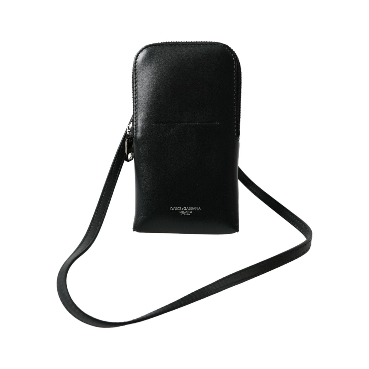Luxour, Dolce & Gabbana Black Leather Zip Around Logo Print Lanyard Strap Wallet, 