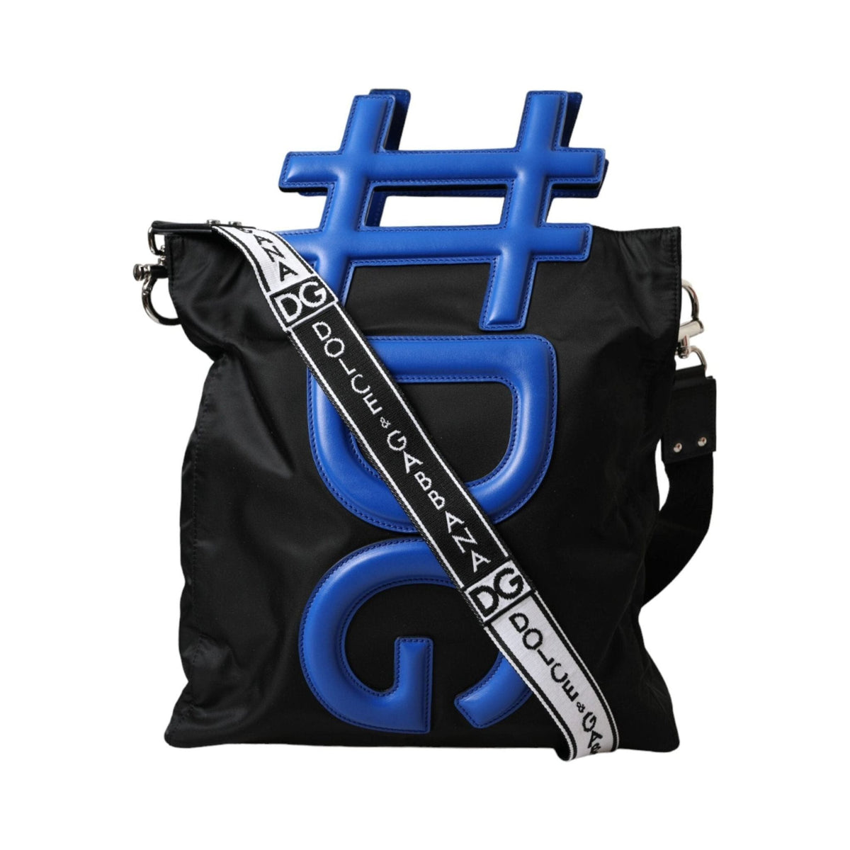 Luxour, Dolce & Gabbana Black Nylon Blue Leather Hashtag Shopping Tote Bag, 