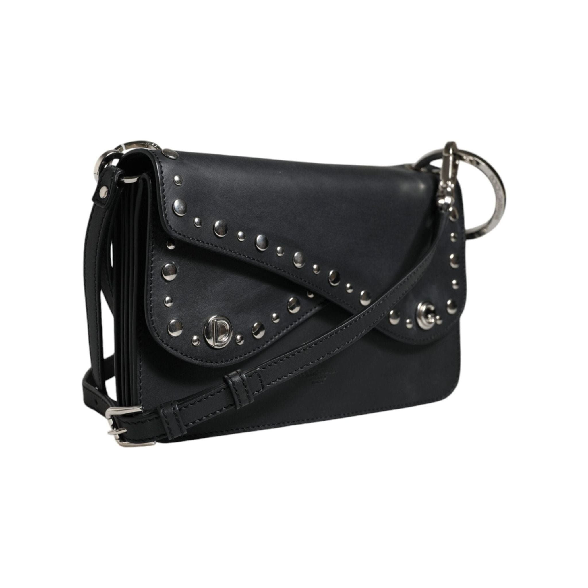 Luxour, Dolce & Gabbana Black Small Leather Studded Shoulder Crossbody Bag, 
